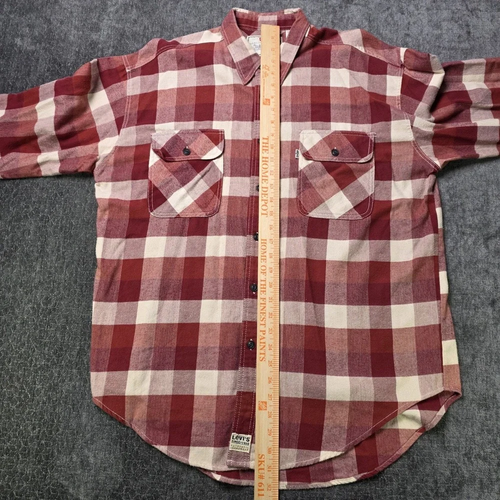 Levis Flannel Shirt Mens Large Red Plaid Double Pocket Camp Hiking Outdoor L
